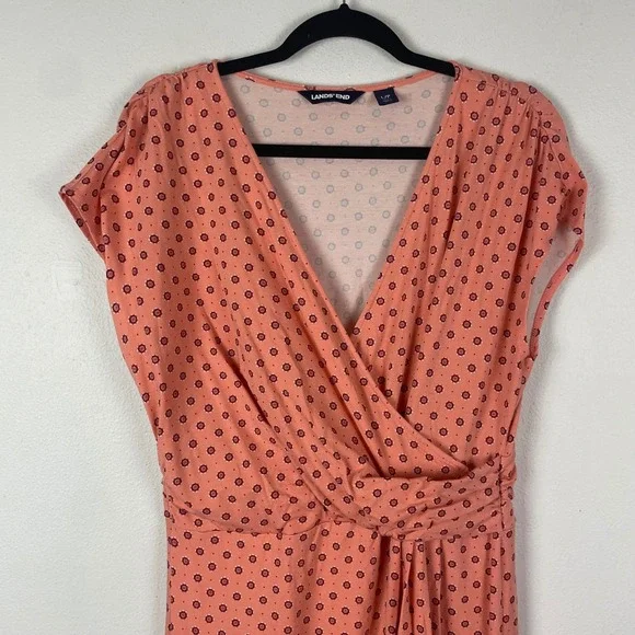 Lands' End Women's Maxi Dress Floral‎ Print Faux Wrap Coral Pink Petite L - Picture 2 of 9
